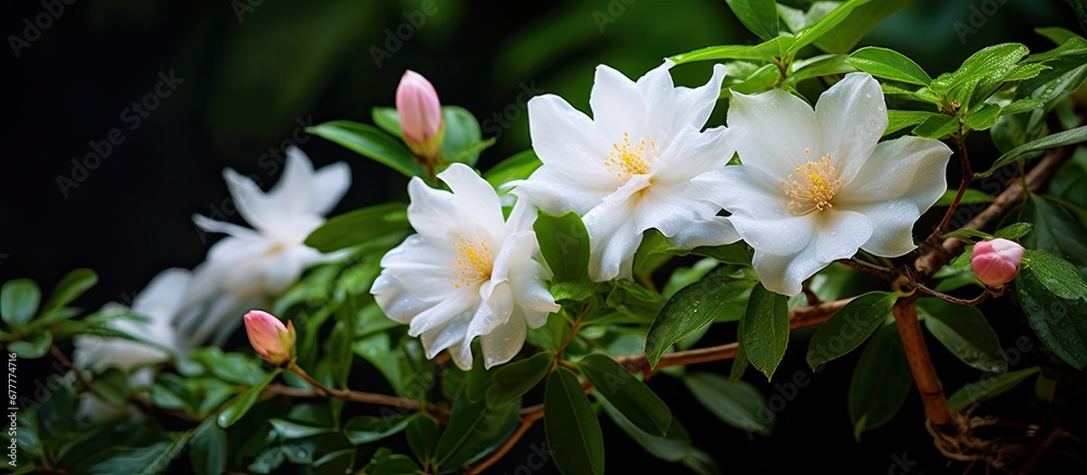 Fototapeta premium backdrop of a lush green garden amidst the vibrant colors of summer an exquisite floral beauty emerges a white flower with delicate pink petals and a backdrop of vibrant green leaves a testa