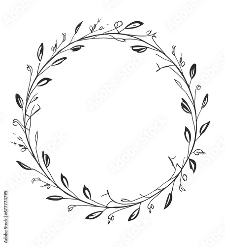 a wreath in black and white made from flowers and leaves on white background