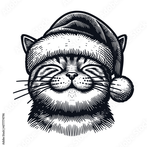 happy smiling cat wearing a Christmas hat sketch