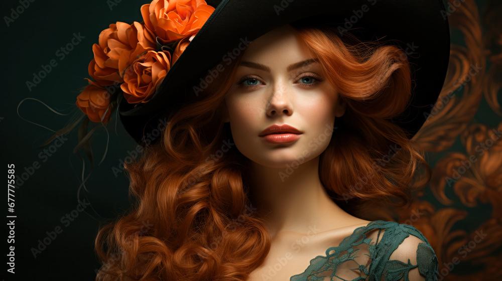 Beautiful woman with red hair and a green hat, idea for a poster in art nouveau style