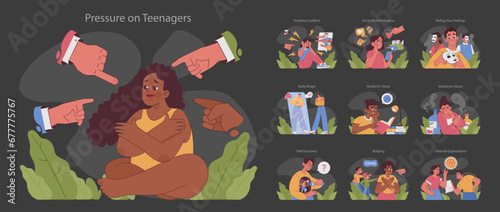 Pressure on teenagers dark or night mode set. Teens exploring self-worth, academic hurdles, societal influences and judgments. Body image concerns and parental expectations. Flat vector illustration