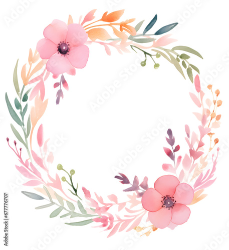 a watercolor wreath made from flowers and leaves on white background