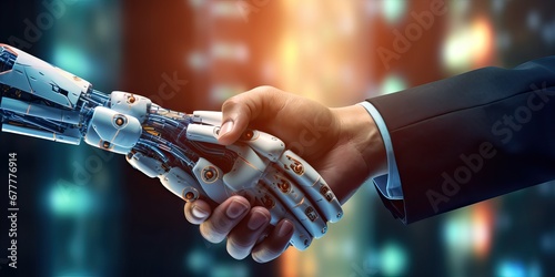 Handshake between human and robot, working together for success, Concept tech innovation, machine learning progress and partnership with future Artificial General Intelligence © Eli Berr