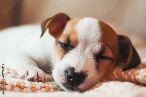 Cute puppy sleeping on the bed and covered with a blanket.
