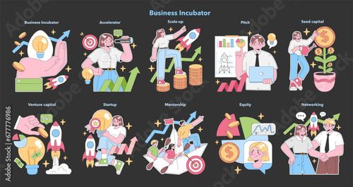 Business Incubator set. Characters navigate startup growth from idea to success. Venture capital, mentorship, equity, and networking moments. Scale-up, pitch, and seed capital. vector illustration