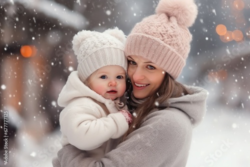 Young mother with baby in christmas holidays, winter concept, Happy holiday family.