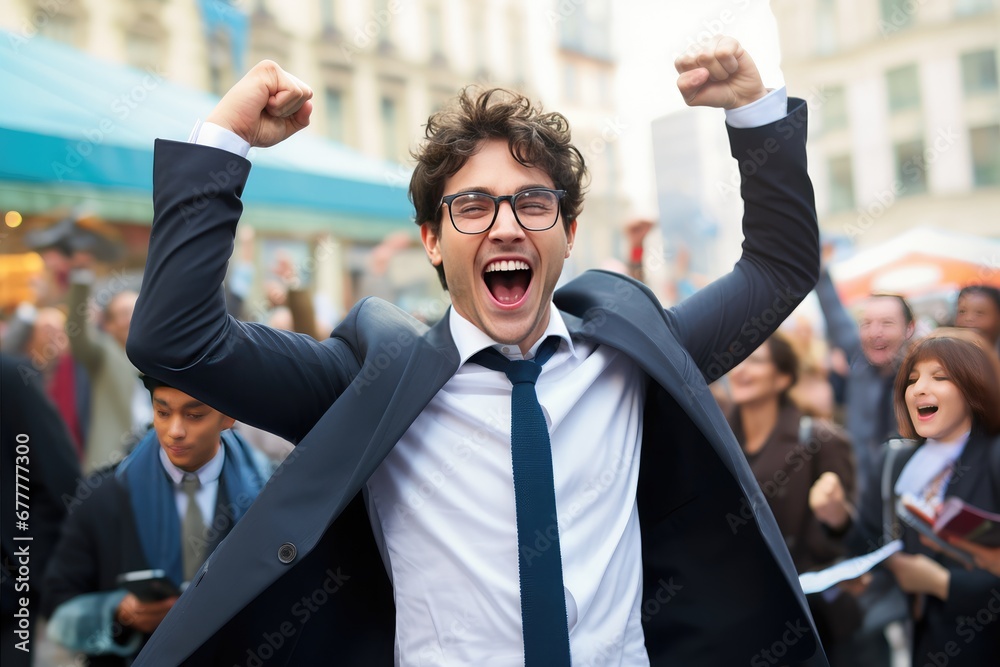 Cheerful Business Man Celebrating Success Outdoors. Cheerful Business Man Celebrating Success Outdoors.