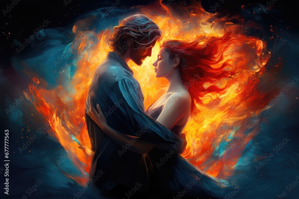 Couple in love in embrace. The elements of fire and water, Passion
