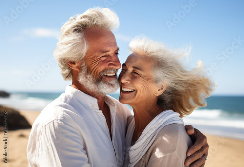 Joyful middle aged couple at the beach hugging on vacation with smile for travel together