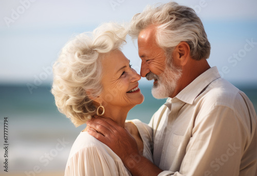 Elderly couple in love affectionate towards each other enjoying time on the beach