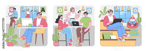 Modern workspace set. Vibrant professionals collaborating, discussing projects. Casual office scenes. Daily routines. Coffee breaks and focused tasks. Flat vector illustration