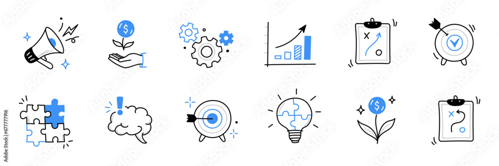 Business idea, startup doodle line icon set. Hand drawn doodle sketch line style business strategy, finance goal growth, startup idea concept. Rocket, target, brain cute element. Vector illustration Business idea, startup doodle line icon set. Hand drawn doodle sketch line style business strategy, finance goal growth, startup idea concept. Rocket, target, brain cute element. Vector illustration