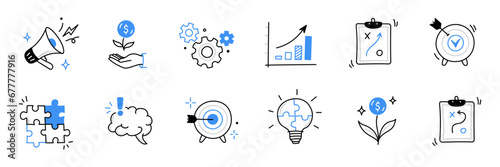 Business idea, startup doodle line icon set. Hand drawn doodle sketch line style business strategy, finance goal growth, startup idea concept. Rocket, target, brain cute element. Vector illustration