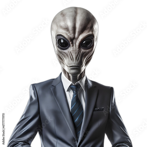 Alien in businessman suit isolated on transparent or white background, png © Pixel Prophet