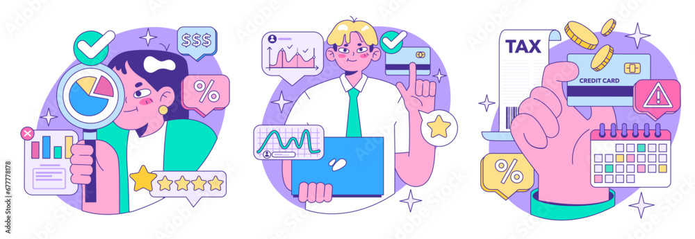 Credit card set. Bank-offered financing of purchases. Individual and business credit card. Credit arrangements and rating. Flat vector illustration