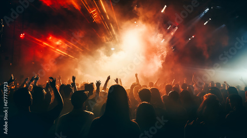 Crowd at a concert in front of bright stage lights - music concept