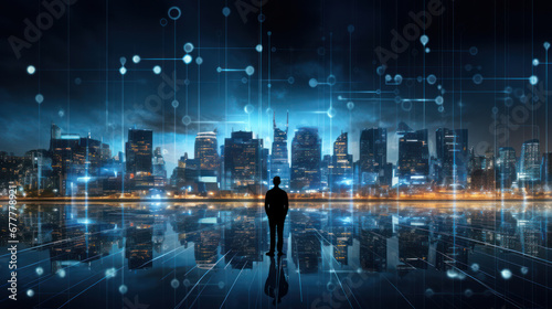 man on futuristic smart modern city display. digital technology and network background