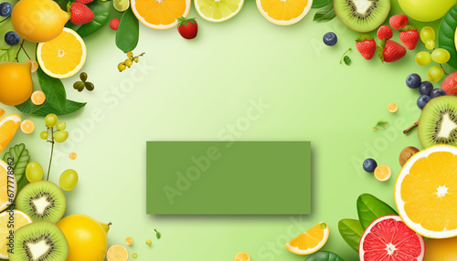 Green landing page for fruits dieting.   itrus fruits and kiwi on green backdrop with copy space for text or logo.