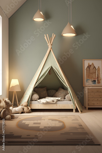 A kid's bedroom with light green coloring, a teepee in the center of the picture, and natural light from large windows.