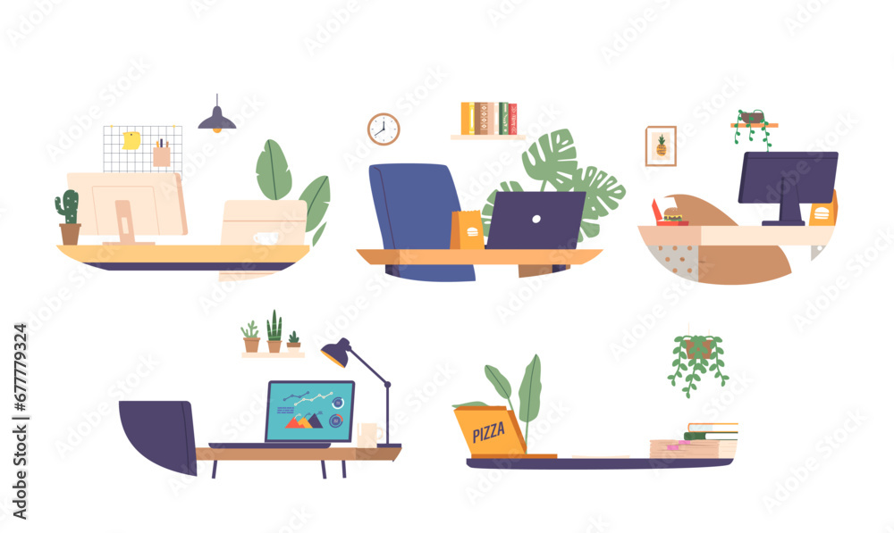 Set of Workplace Desks With Computers, Papers, And Lunch, Offering A Snapshot Of The Busy Workday. Office Tables Set of Workplace Desks With Computers, Papers, And Lunch, Offering A Snapshot Of The Busy Workday. Office Tables