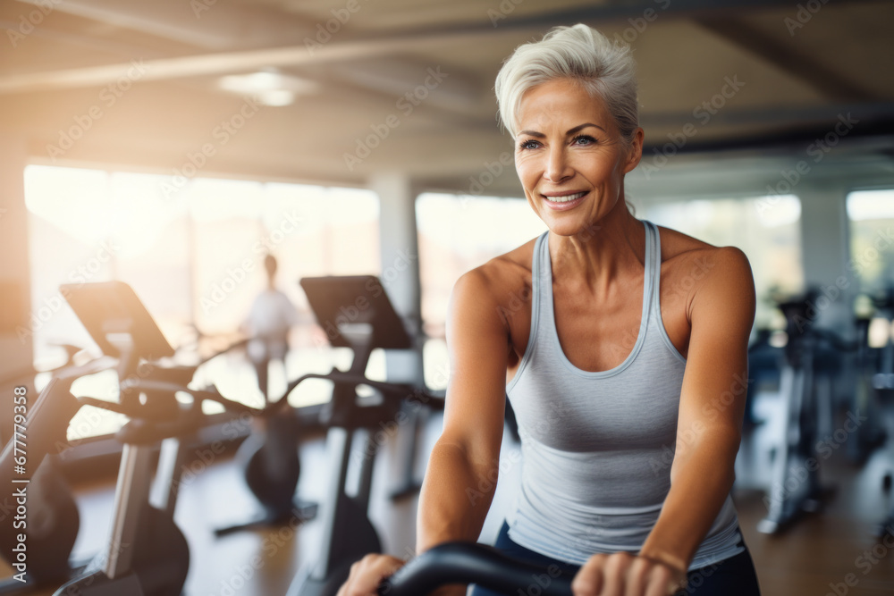 Smiling happy healthy  senior woman with grey hair practising indoors sport on an exercise bike in gym.