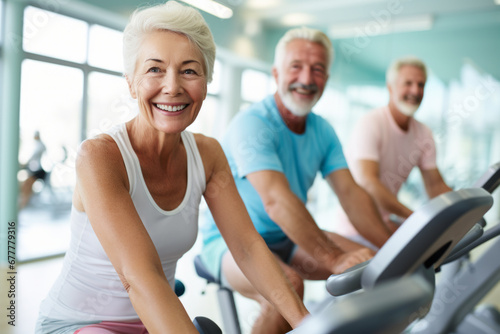 Smiling happy healthy senior woman with grey hair practising indoors sport with group of people on an exercise bike in gym.