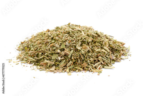Mixture of dried Provencal herbs isolated on a white background. Pile of natural dried Provencal herbs. Heap of dried Provencal herbs isolated on a white background.