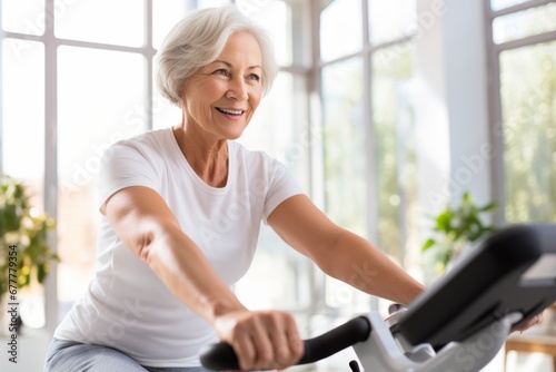 Smiling happy healthy  senior woman with grey hair practising indoors sport at home
