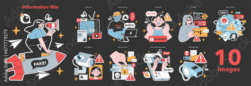 Information War set. Navigating the chaos of misinformation with scenes of fake news, trolling, censorship, hacking, and whistleblowing. Social media's role in shaping perceptions. vector illustration