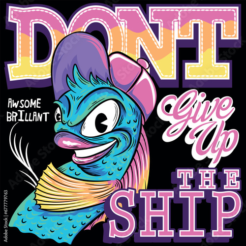 Illustration of fish with cap with bright colors, design in cartoon background texts and armed in label style, tattoo line