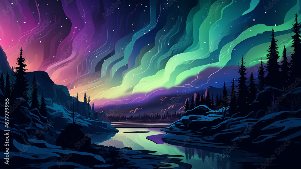 Aurora borealis line art background