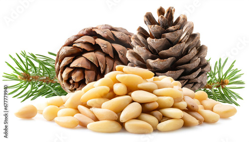 Pine nuts with pine cones isolated on white background, cutout photo