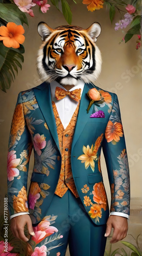 Un tigre vestido con un traje típico de la región de Puebla, conocido por sus estampados florales. // A tiger dressed in a typical costume from the Puebla region, known for its floral prints.