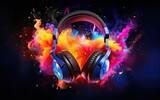 Stereo headphones exploding in festive colorful splash, dust and smoke with vibrant light effects on loud music sound, pulse, bass beats, ready for party