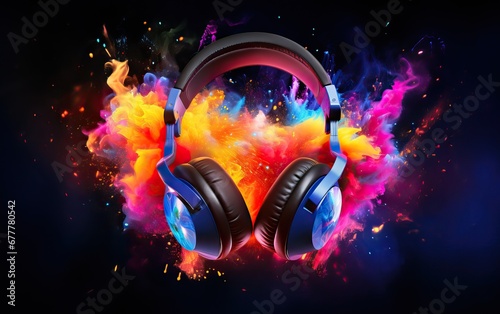Stereo headphones exploding in festive colorful splash, dust and smoke with vibrant light effects on loud music sound, pulse, bass beats, ready for party photo