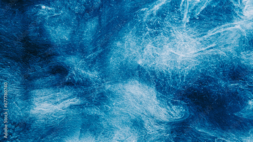 Shiny abstract background. Ethereal aura. Blue glitter ink mysterious splash cloud sparkles flow hypnotic swirls spreading in liquid water wave. - obrazy, fototapety, plakaty 