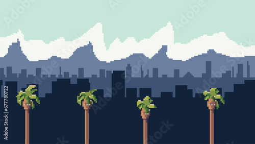 landscape with palm trees, retro art style, loop retro background set, pixel art world with city full of buildings and towers and palm trees. miami vibe 