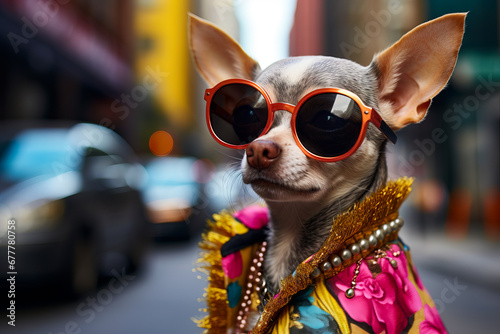 Small dog wearing sunglasses and dress on street.