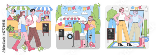 Street Market set. Shoppers explore outdoor stalls, selecting fresh produce and trendy clothes. Bargain finds, mobile shopping, mirror reflection. Flat vector illustration.