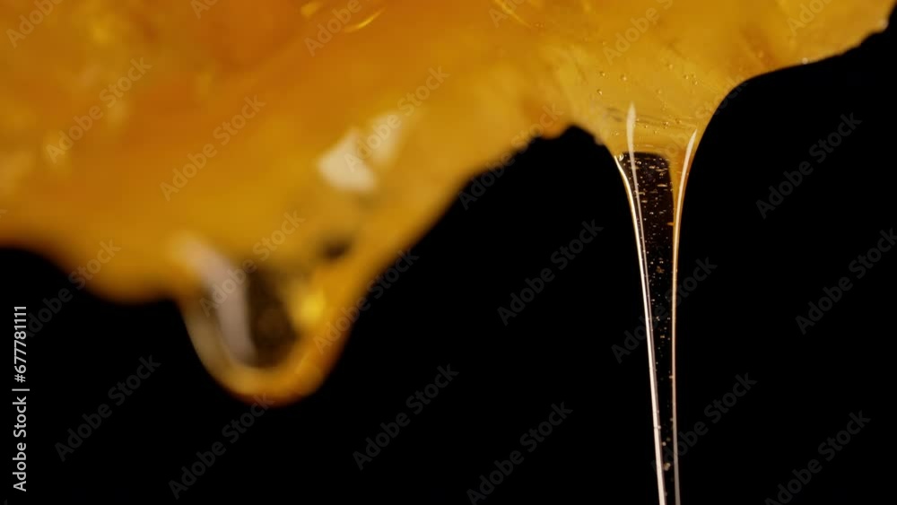 Fantastic real honey dripping on honeycomb,macro. Natural beeswax cells on black