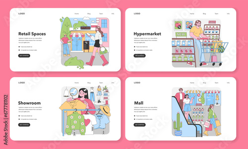 Shopping set. Customers explore varied retail experiences. Urban store exterior, bustling hypermarket. Trendy showroom visit, lively mall scene. Flat vector illustration.