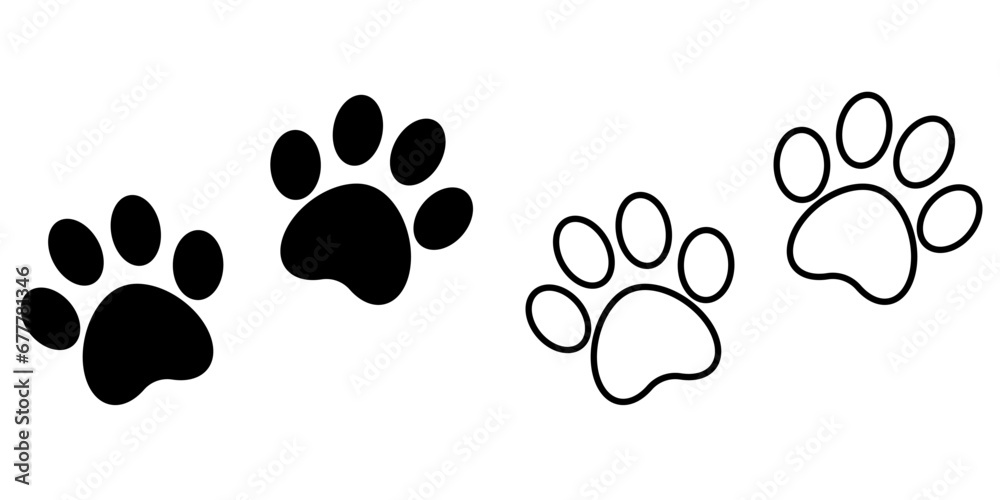 Fototapeta premium Black animal dog footprint paw stamp, solid and outlined. Vector