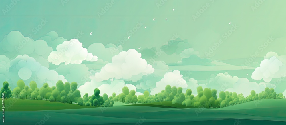 The nature inspired green background is adorned with tall trees and punctuated by a cloud icon while the clouds sky provide a serene backdrop