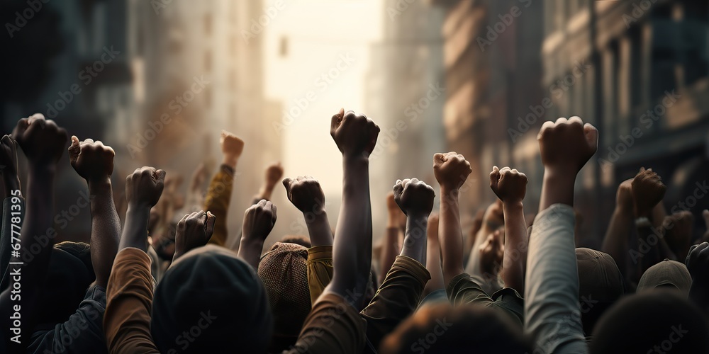 African American people in a crowd fighting and protesting in the street with raised fists against racism and racial discrimination, for change, freedom, justice and equality, Black Lives Matter - obrazy, fototapety, plakaty 