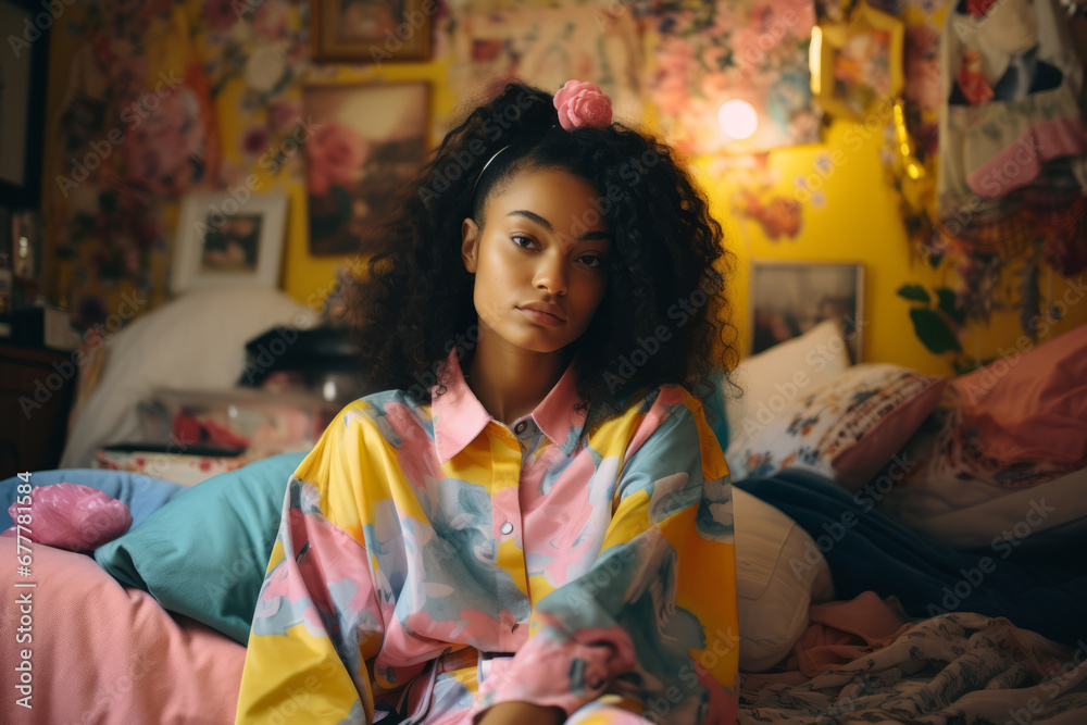 Generative ai 80s or 90s black woman teenager striking a pose in a bedroom adorned with iconic posters