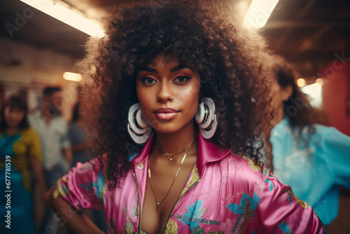 Generative ai 80s orGenerative ai young and beautiful black woman gracefully posing on the city streets  90s teenager striking a pose in a bedroom adorned with iconic posters