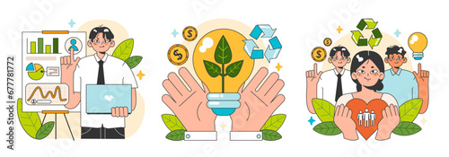 Social entrepreneurship set. Business' responsibility for impact on society and environment. Financing and implementing solutions for Sustainable development. Flat vector illustration