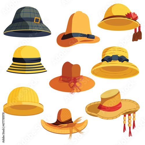 Cartoon Color Different Straw Hats Icons Set Head Accessory Concept Flat Design Style. Vector illustration of Female Straw Cap