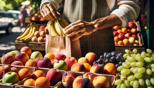 Seller worker in grocery store stand preparing a paper bag for a buyer at a local market stand with a variety of colorful fruits grape  peaches  oranges  apples and bananas