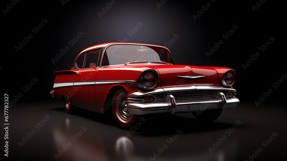 an antique red car is featured on a dark background